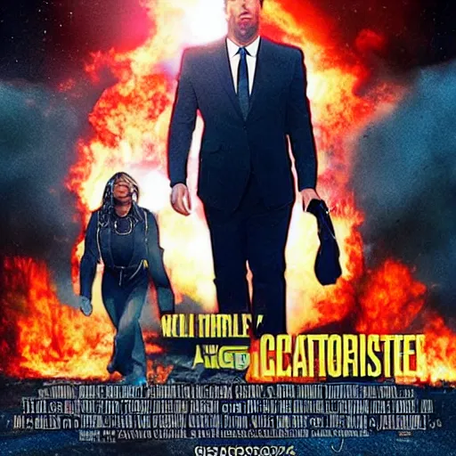 Image similar to movie poster of movie climate catastrophe 2 0 5 0, where the world is burning from global warming. starring ben affleck and tina turner.