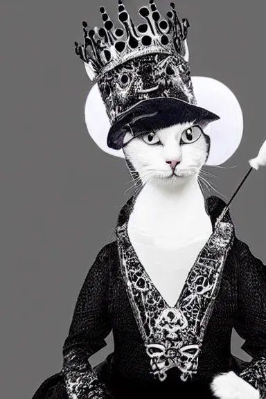 Image similar to a photo taken from a distance of a black and white cat dressed up as queen elizabeth