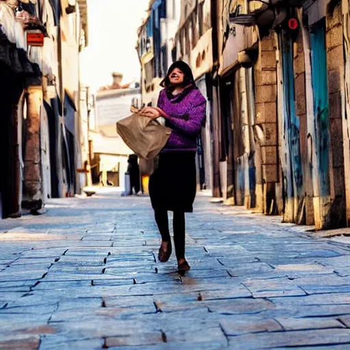 Image similar to a mother coming back from shop a huge bag of gold she is walking home in a street the street is empty and it's sunny