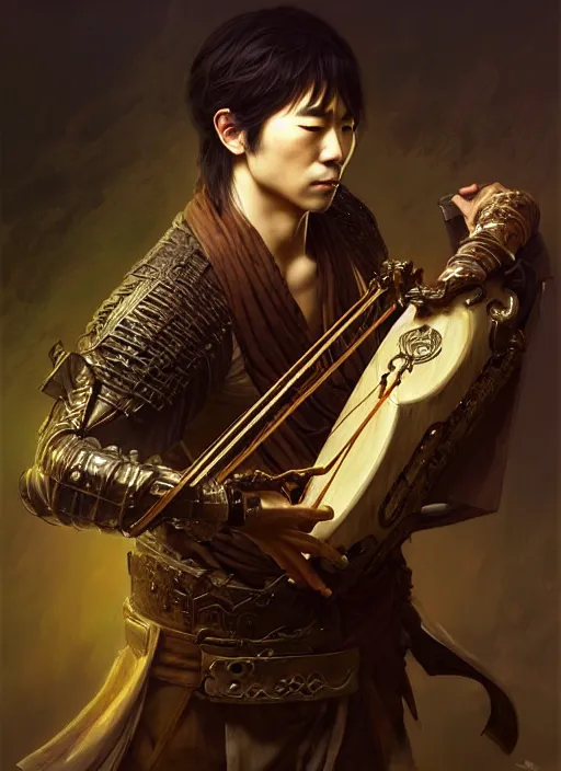 Prompt: a strong japanese male bard playing lute, full body, hyper realistic, blade runner, extremely detailed, dnd character art portrait, dark fantasy art, intricate fantasy painting, steampunk, dramatic lighting, vivid colors, deviantart, artstation, by clyde caldwell and krenz cushart and artem demura and john williams waterhouse