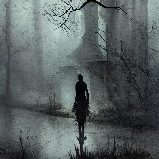 Image similar to a beautiful witch looks at her reflection, spiders and spiderwebs everywhere, elegant design, haunting atmosphere, dark lighting, gothic, horror style, scary, swirling fog, volumetric lighting, by greg rutkowski, dutch angle,