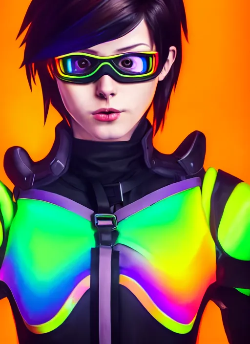 Image similar to full body overwatch style oil painting portrait of tracer overwatch, confident pose, wearing black jagged iridescent rainbow latex armor, rainbow, neon, 4 k, expressive surprised expression, makeup, wearing large rainbow neon choker, studio lighting, acid, trippy, black leather harness, expressive detailed face and eyes,