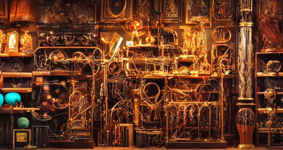 Image similar to a shelf of amazing magical musical instruments, cinematic lighting, detailed, beautiful colors, ornate 4 k