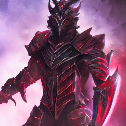 Image similar to a highly detailed character portrait of a man wearing a epic dark armor with glowing red eyes concept art