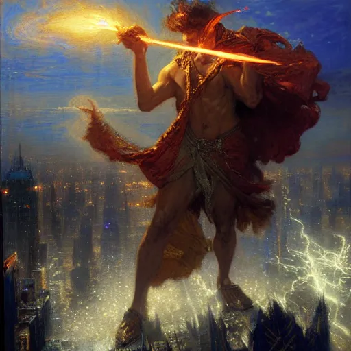 Image similar to stunning male master wizard destroying new york by his thunder spell, highly detailed painting by gaston bussiere, craig mullins, j. c. leyendecker, 8 k