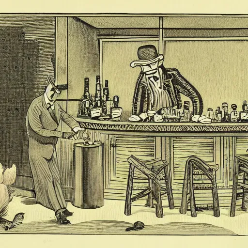 Prompt: anthropomorphic millipede bartender woodcut illustration by lews carroll