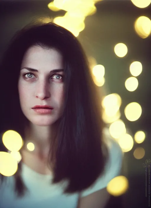 Prompt: a hyper realistic and detailed head portrait photography of American woman dark hair by Annie Leibovitz. Cinematic. torch lights and glow in the background. Cinestill 800T film. Lens flare. Helios 44m