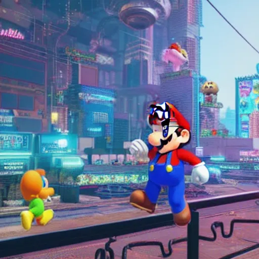 Image similar to super mario brothers in cyberpunk 2 0 7 7 unreal engine 5 8 k
