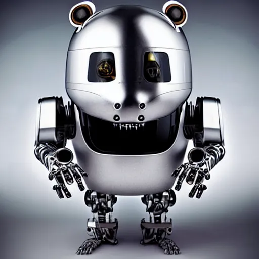 Prompt: uhd candid photo of a metal hamster cyborg android robot. photo by annie leibowitz