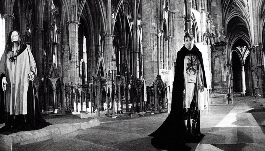 Prompt: 80s movie by James Cameron about a gothic techno-cathedral where a lavishly dressed necromancer priest raising a cyborg zombie from the grave