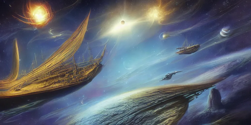 Image similar to Photorealistic epic science fiction painting of one solitary flying tall ship in space, flying past galaxies, by Rodney Matthews and Roger Dean. spelljammer, photorealism, UHD, amazing depth, glowing, golden ratio, 3D octane cycle unreal engine 5, volumetric lighting, cinematic lighting, cgstation artstation concept art