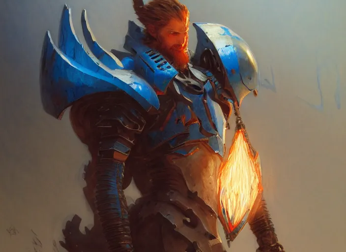 Image similar to character design digital 2 d man viking cape evangelion cyborg blue armor sword of fire by gaston bussiere, anna nikonova aka newmilky, greg rutkowski, yoji shinkawa, yoshitaka amano, tsutomu nihei, muira, moebius, donato giancola, trending on artstation, featured on pixiv