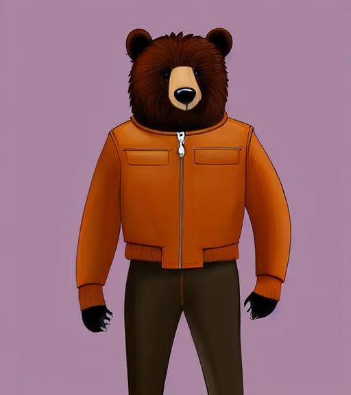 Image similar to expressive stylized master furry artist digital colored pencil painting full body portrait character study of the bear small head fursona animal person wearing clothes leather bomber jacket pilot standing next to airplane by master furry artist blotch, sharp focus vintage disney animation style