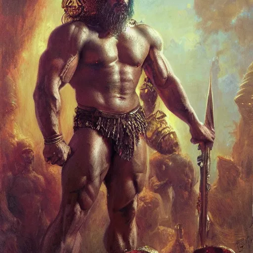 Image similar to handsome portrait of a spartan guy bodybuilder posing, radiant light, caustics, war hero, psychedelic dmt, by gaston bussiere, bayard wu, greg rutkowski, giger, maxim verehin