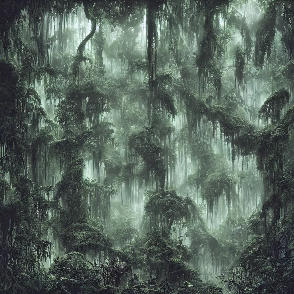 Image similar to a dark enchanted rainforest jungle at night, upward cinematic angle, thick mist, by rodney matthews, michael kaluta, bernie wrightston, and stephen gammell, ghostly low light, stunning composition, intricate, elegant, digital art, hyperdetailed, full color mixed media painting, hyperrealistic, sharp focus, 8k