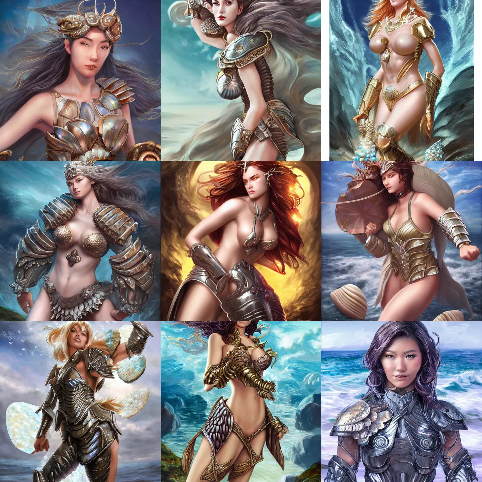 Prompt: fantasy woman wearing an armor covered with seashells emerging from the sea, by Artgerm and Yoshii Chie, medium shot