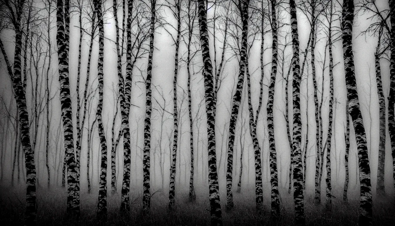 Prompt: birch forest, evening, blizzard, winter, dark, atmospheric, scary, claustrophobic, ambient vibe, very detailed, black and white, 4 k