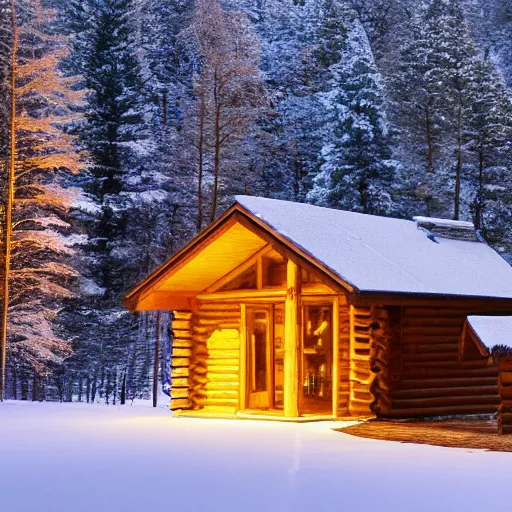 Image similar to log cabin, snow, forest, lake, one room with light on, rule of thirds