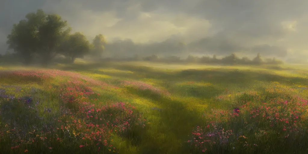 Image similar to a matte painting of a european prairie, cottages, foggy, patchy flowers, oil painting, pale colors, high detail, 8 k, wide angle, trending on artstation,