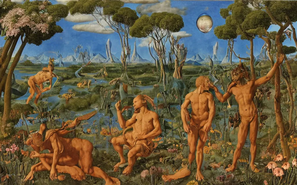 Image similar to a portrait photograph of a meditating satyr and a centaur monk riding a rocket machine and hunting at a river delta. surrounded by bulbous flowers and trees. mountain range under a blue sky of fiery stars. by jan van eyck, max ernst, ernst haeckel, ernst fuchs and artgerm, cgsociety, fashion editorial, 8 k