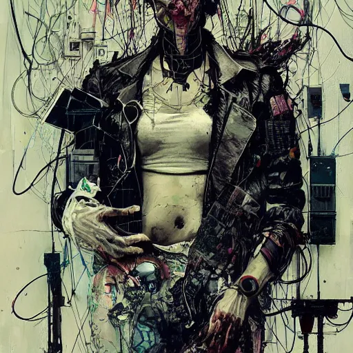 Image similar to a cyberpunk noir detective, skulls, wires cybernetic implants, machine noir grimcore, in the style of adrian ghenie esao andrews jenny saville surrealism dark art by james jean takato yamamoto and by ashley wood and mike mignola