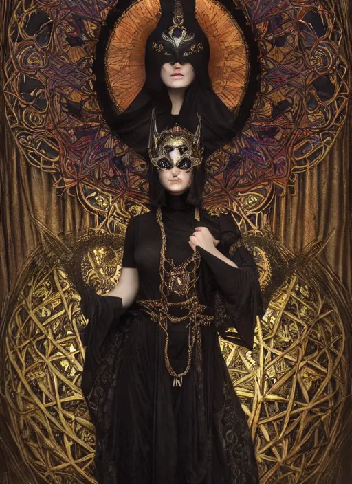 Prompt: picture inside covens den, textless hyper ornate wiccan masks, intricate wiccan facial detailing, highly detailed, lifelike, photorealistic, diffuse lighting, hdrp render, artstation, unreal 5, smooth, sharp focus, art by john collier, albert aublet, krenz cushart, artem demura, alphonse mucha