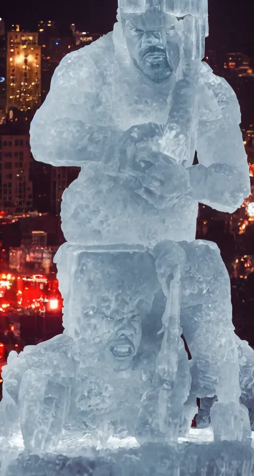 Image similar to dramatic photo, the rapper'ice cube'carving a full body ice sculpture of rapper'ice cube'at harbin ice festival, wide angle photo, award winning, artgerm, wlop, james gurney, trending on artstation