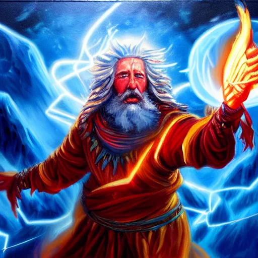 Image similar to Highly detailed oil painting, concept art, of a wizard casting a fireball spell, fighting against a huge ice giant, red and blue color scheme, concept art, highly detailed.