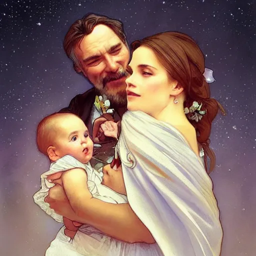 Image similar to great father of the family, his starry cloak, hugging his beautiful wife, and little glowing baby in her arms. beautiful painting by artgerm and greg rutkowski and alphonse mucha