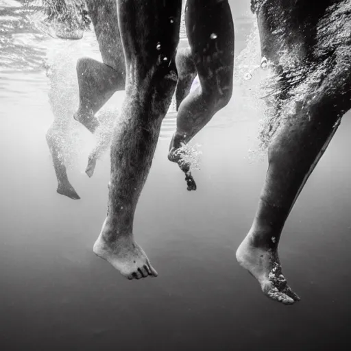 Image similar to people walking with weights in their hand on the bottom of a pool, underwater