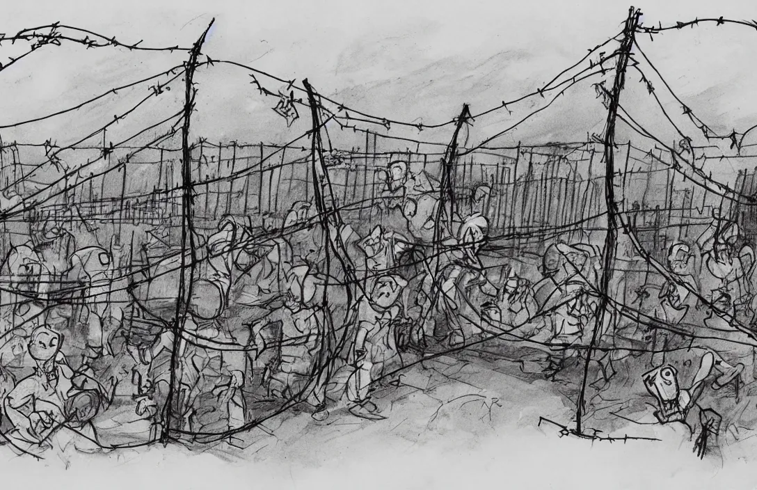 Image similar to milt kahl sketch of zombie apocalypse resistance camp with barbed wire fencing