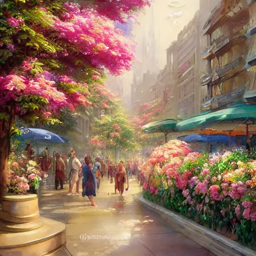 Image similar to a painting of an art - deco cityscape surrounded by flowers, a watercolor and matte painting by mark keathley and mandy jurgens and charlie bowater, cgsociety, artdeco, utopia art, bold colors, sci - fi, artstation hq