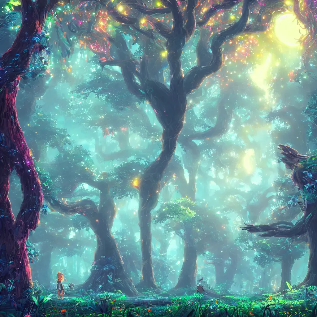 Prompt: huge trees, misty nighttime. radiating colorful energy. photorealistic, moody atmosphere,, holographic undertones, intricate and detailed, highly saturated colors. ori and the blind forest, breath of the wild style, studio ghibli!!!. trending on artstation. award winning, daily deivation