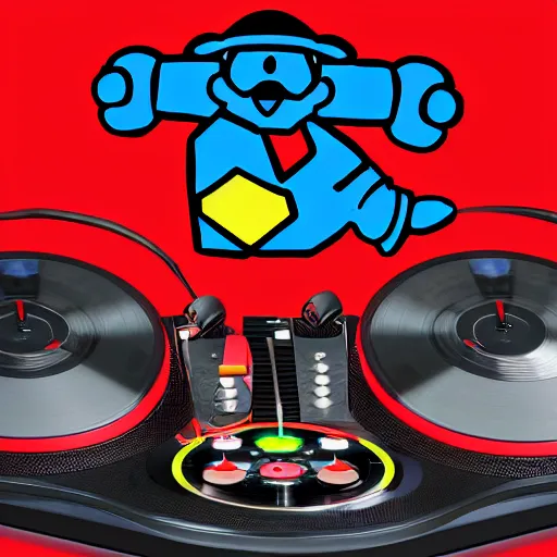 Image similar to svg sticker of a Pop-Wonder SuperMario, Mario-Wearing-a-red-hat, at a rave, spinning records, giant headphones rocking out, wearing headphones, huge speakers, dancing, rave, DJ, spinning records, digital art, amazing composition, rule-of-thirds, award-winning, trending on artstation, featured on deviantart