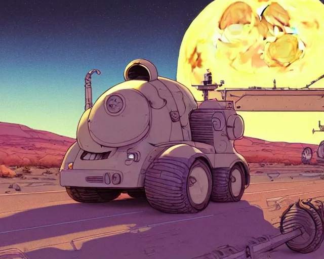 Prompt: a study of cell shaded cartoon of a mechanized snail on a desert road, in front of a big moon illustration, wide shot, muted colors, post grunge, concept art by josan gonzales and wlop, david rubin, mike mignola, laurie greasley, highly detailed, sharp focus, trending on artstation, hq, deviantart, art by artgem