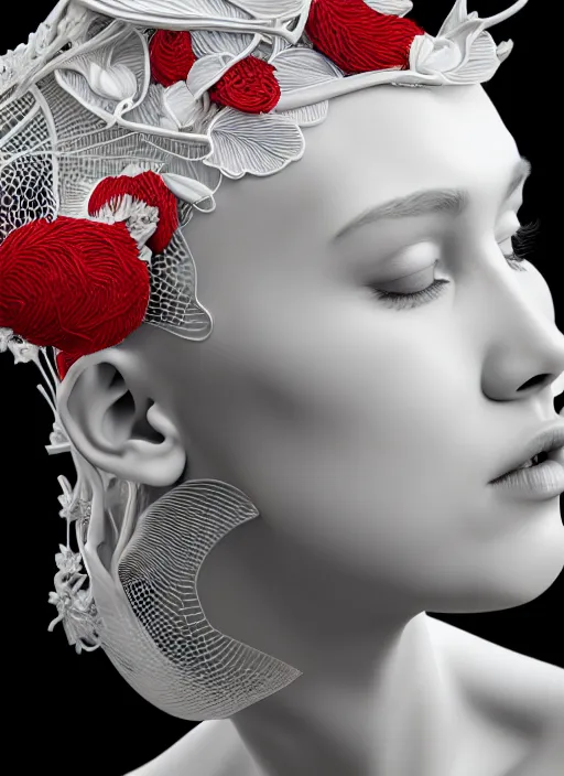 Image similar to complex 3d render ultra detailed of a beautiful porcelain profile young woman face, biomechanical cyborg, 150 mm lens, beautiful studio soft light, rim light, silver white gold red details, magnolia big monochromatic lemon leaves and stems, roots, fine foliage lace, mesh wire, Alexander Mcqueen high fashion haute couture, art nouveau fashion embroidered, intricate details, hyper realistic, ultra detailed, mandelbrot fractal, anatomical, facial muscles, cable wires, microchip, elegant, octane render, H.R. Giger style, black eyes, plump lips, volumetric lighting, 8k post-production, trending on Artstation