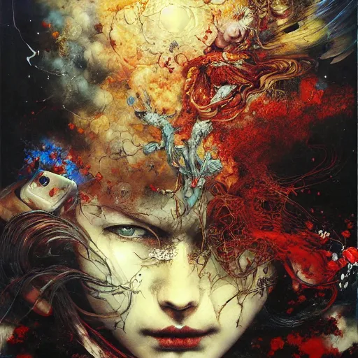 Image similar to UHD God playing Russian roulette, by Ayami Kojima, Amano, Karol Bak, Mark Brooks, tonalism, rich deep colors. Beksinski painting, art by Adrian Ghenie and Gerhard Richter. art by Takato Yamamoto. masterpiece