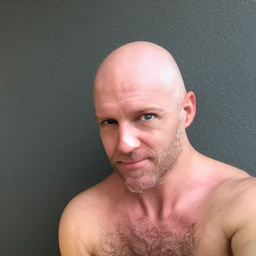 Image similar to He is white, middle aged, and completely bald. He has strong, manly facial features, but has no facial hair, not even eyebrows or eyelashes. He has an average build, with some chest hair. He has big round blue eyes.