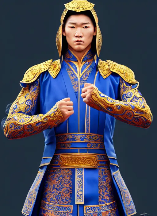 Prompt: male mongolian martial artist!!!! blue eyes!! intricate ornate blue robes!! character concept art, sharp focus, octane render! unreal engine 5! highly rendered!! trending on artstation!! detailed linework!! illustration by artgerm, wlop, and chie yoshii