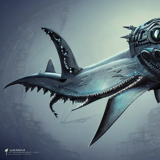 Prompt: a biomechanical shark made of scrap metal, cyberpunk, macro, intricate, elegant, highly detailed, digital painting, artstation, biolusence, concept art, sharp focus, art by artgerm and greg rutkowski and alphonse mucha, 8 k