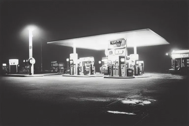 Prompt: “ gas station, night, fog, 1 9 0 0 ’ s photo ”