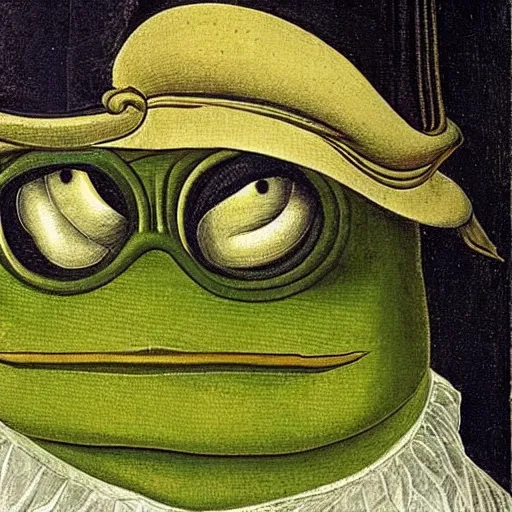 Prompt: pepe the frog as 1 9 th century prussian soldier, elegant portrait by sandro botticelli, detailed, symmetrical, intricate