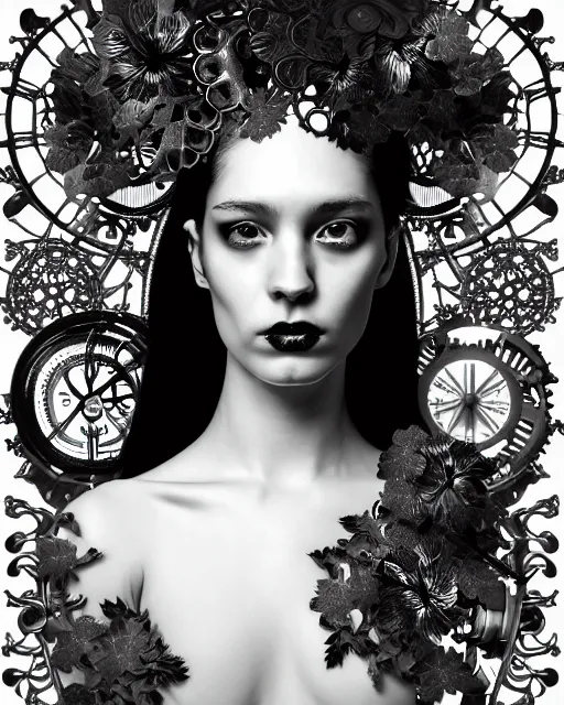 Image similar to monochrome profile portrait painting, dutch masters, silver lace floral steampunk biomechanical beautiful young female cyborg with one techno eye, monocular, volumetric light, leaves foliage and stems, hibiscus flowers, alexander mcqueen, rim light, big gothic fashion pearl embroidered collar, 8 k