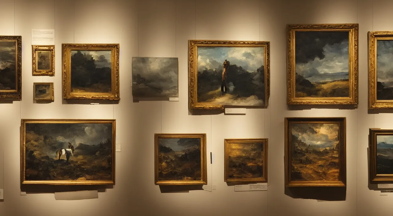 Image similar to in the art gallery, three landscape paintings are displayed side by side, and the middle one is a painting of a horse's head sticking out of the frame.