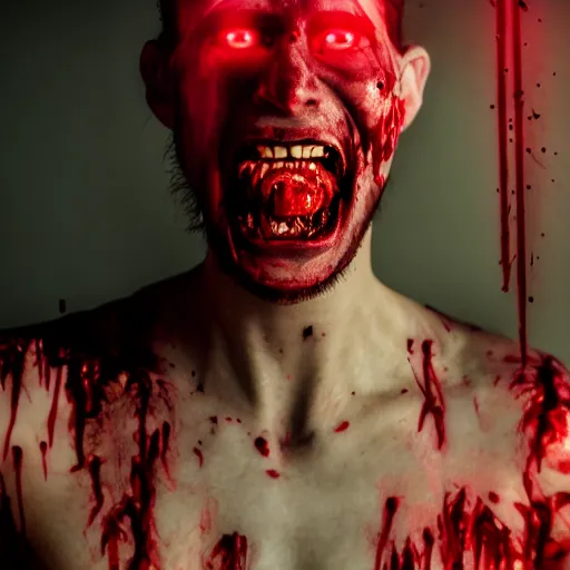 Image similar to portrait of a cybernetic madman, blood flowing from eyes, screaming directly at camera, portrait photography, 4k, cyberpunk, 50mm lens,