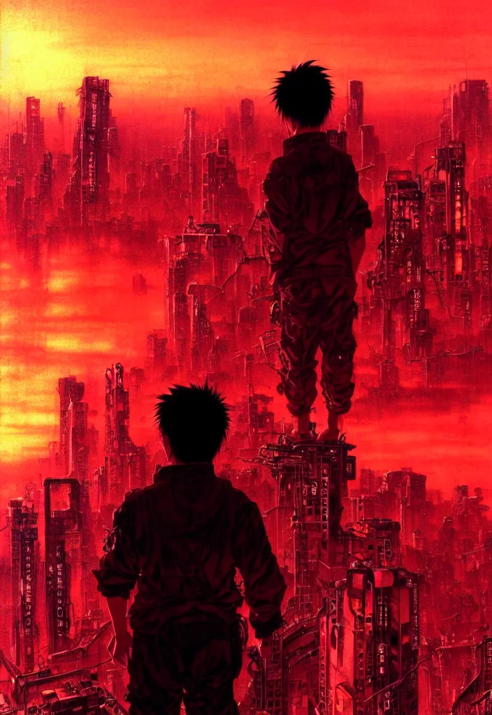 Image similar to tetsuo over neo - tokyo, silhouetted by a red sun | anime, matte painting, dystopian megacity neo - tokyo akira, shaded perfect, fine details. realistic shaded lighting anime manga artwork by katsuhiro otomo, akira, artgerm, jeremy lipkin and michael garmash and rob rey