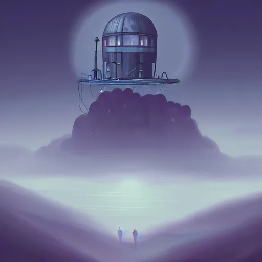 Prompt: beautiful painting of a white observatory in the cloudy dreams of a mainframe in the style of Simon Stålenhag and H. R. Giger, detailed, trending on Artstation