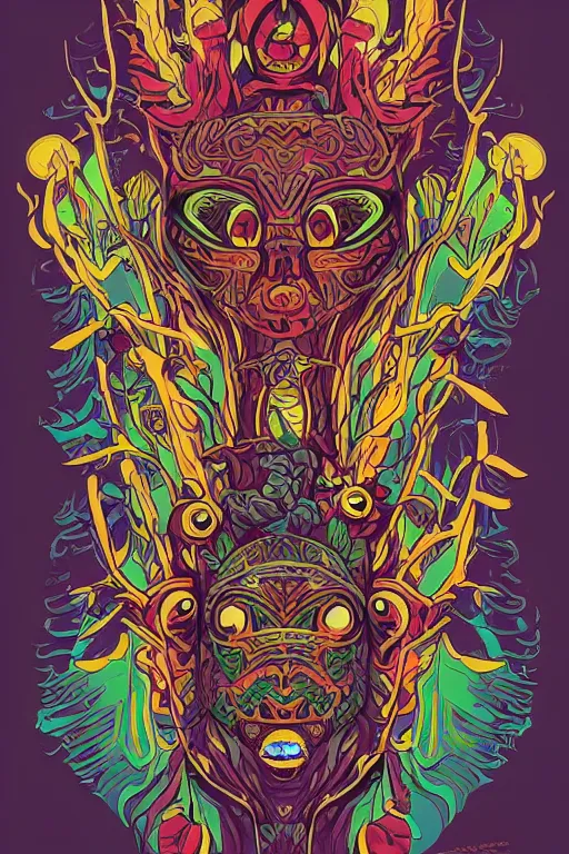 Image similar to animal mask totem roots flower tribal feather gemstone plant wood rock shaman vodoo video game vector cutout illustration vivid multicolor borderlands comics by josan gonzales and dan mumford radiating a glowing aura