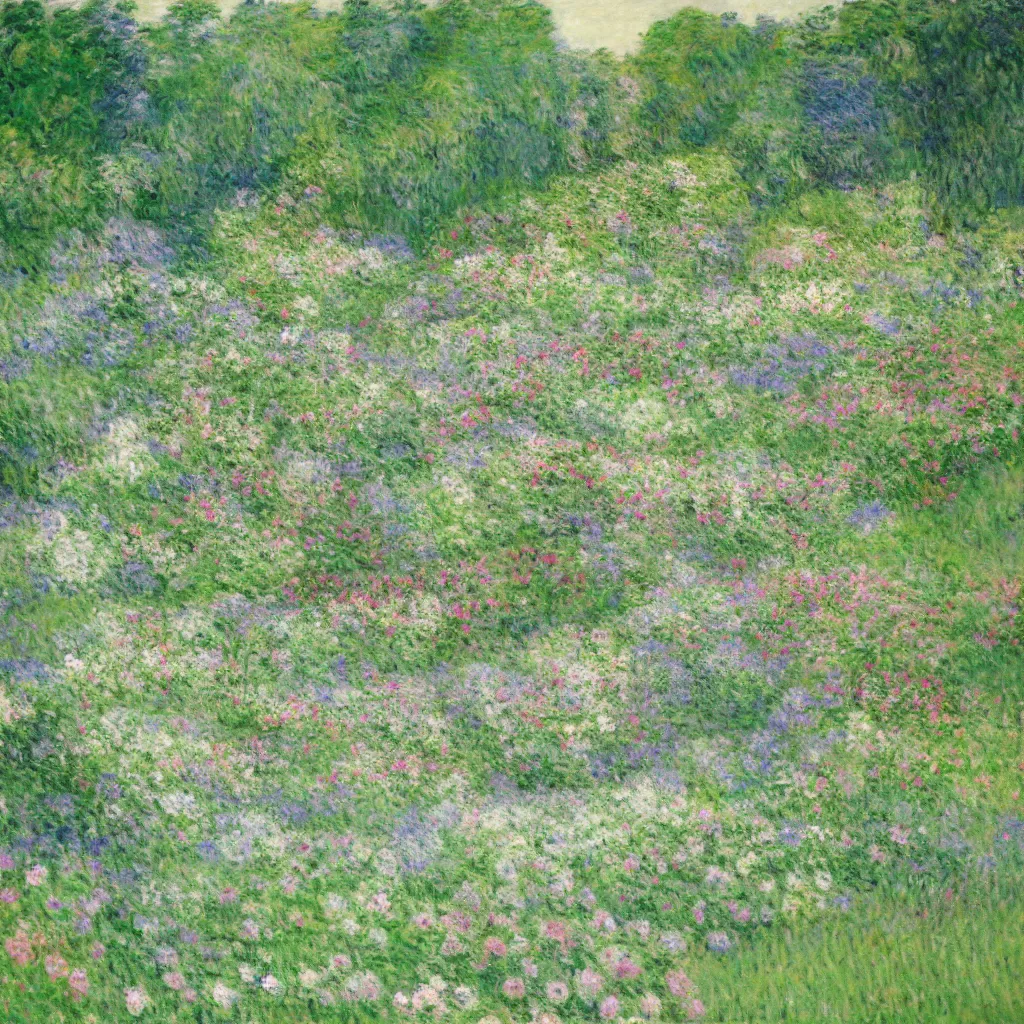 Image similar to a gorgeous garden on the edge of a cliff filled with beautiful flowers in different shades of pale green, monet