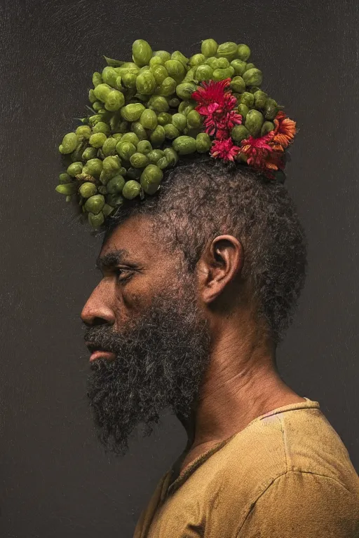 Image similar to an African American man's face in profile, long beard, made of flowers and fruit, in the style of the Dutch masters and Gregory crewdson, dark and moody